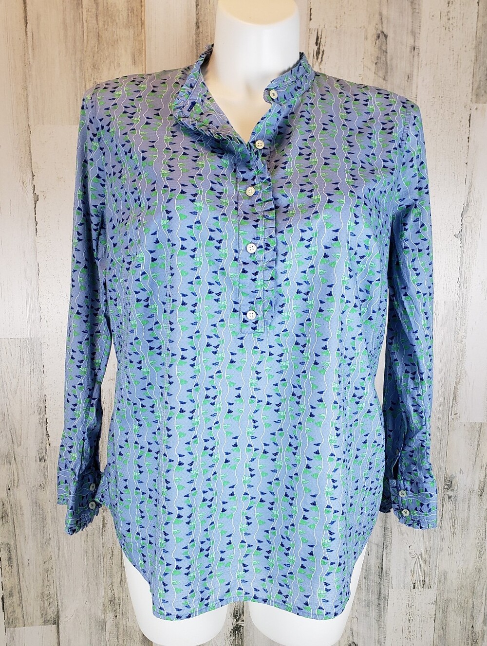 Talbots Blue Printed Long-Sleeve Henley Top Size 1X